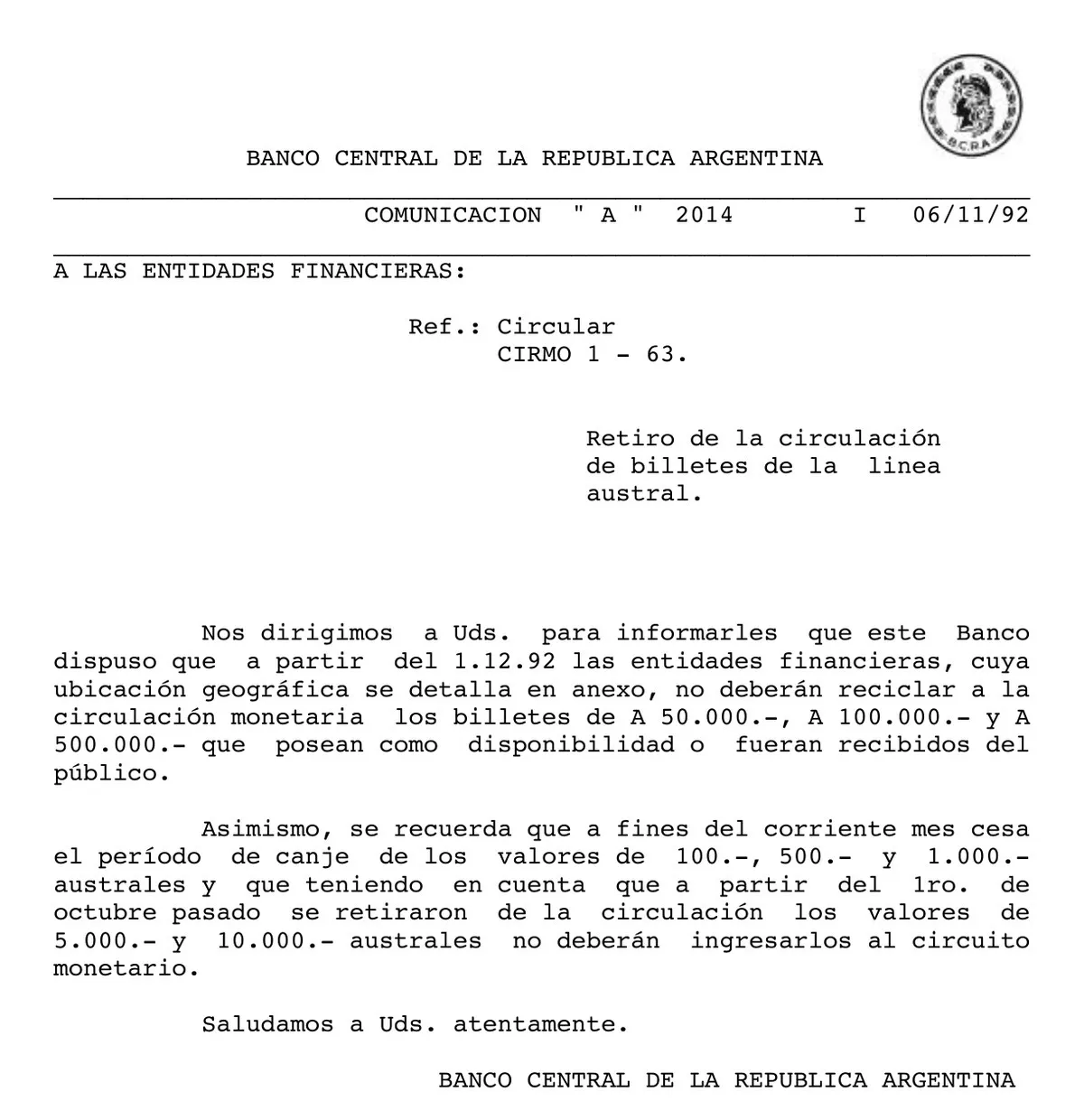 Página mecanografiada con el escudo del Banco Central arriba a la derecha y el encabezado «Comunicación 