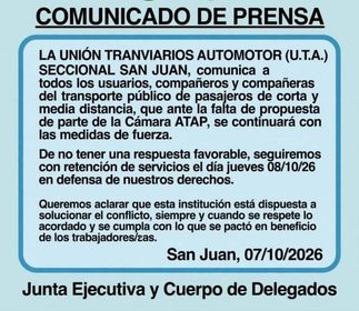 Paro de colectivos en San Juan: la UTA mantiene la medida pese a la conciliación obligatoria
