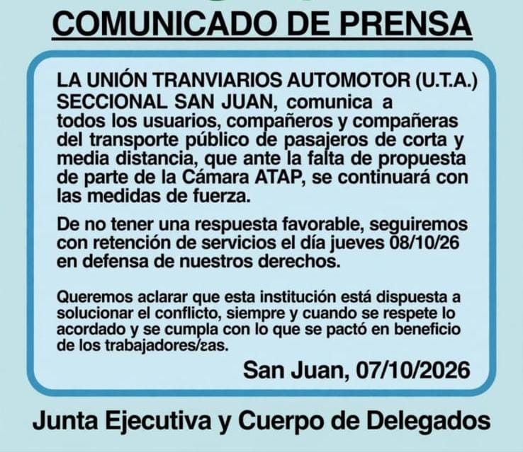 Paro de colectivos en San Juan: la UTA mantiene la medida pese a la conciliación obligatoria