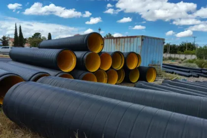 Tramos de tubería negra apilados al aire libre para una obra de acueducto.