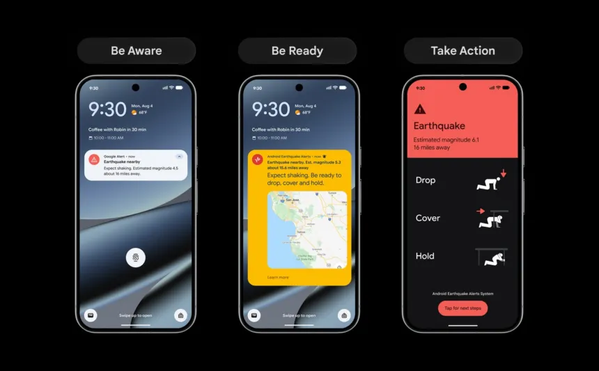 Tres celulares muestran los niveles de alerta de sismos de Android: aviso simple, aviso con mapa y alerta a pantalla completa.