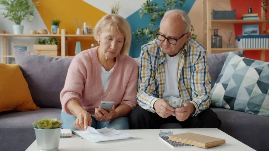 Una pareja de adultos mayores revisa papeles y dinero en casa.