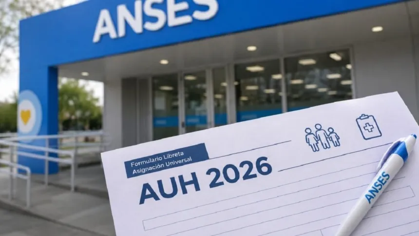 Formulario de la Libreta de la Asignación Universal por Hijo frente a una oficina de ANSES.