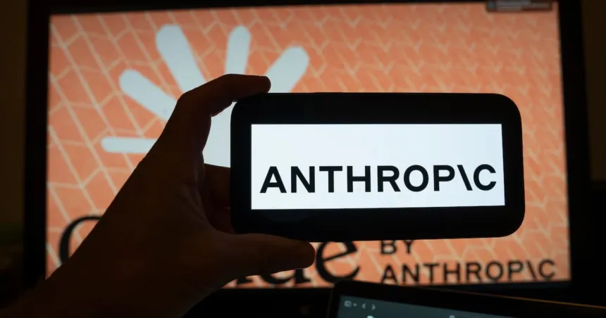 Una mano muestra el nombre Anthropic en un celular frente a una pantalla.