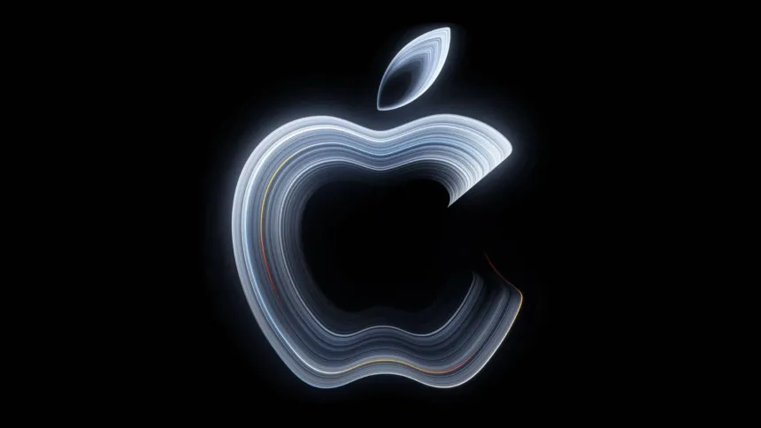 Logo plateado de Apple sobre fondo negro.
