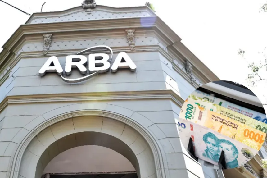 Fachada de ARBA junto a billetes argentinos.