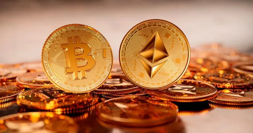 Monedas de Bitcoin y Ethereum junto a otras criptomonedas.