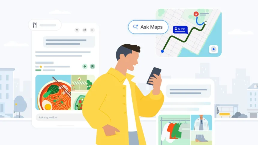 Una persona consulta Ask Maps en su celular junto a un mapa y recomendaciones de lugares.