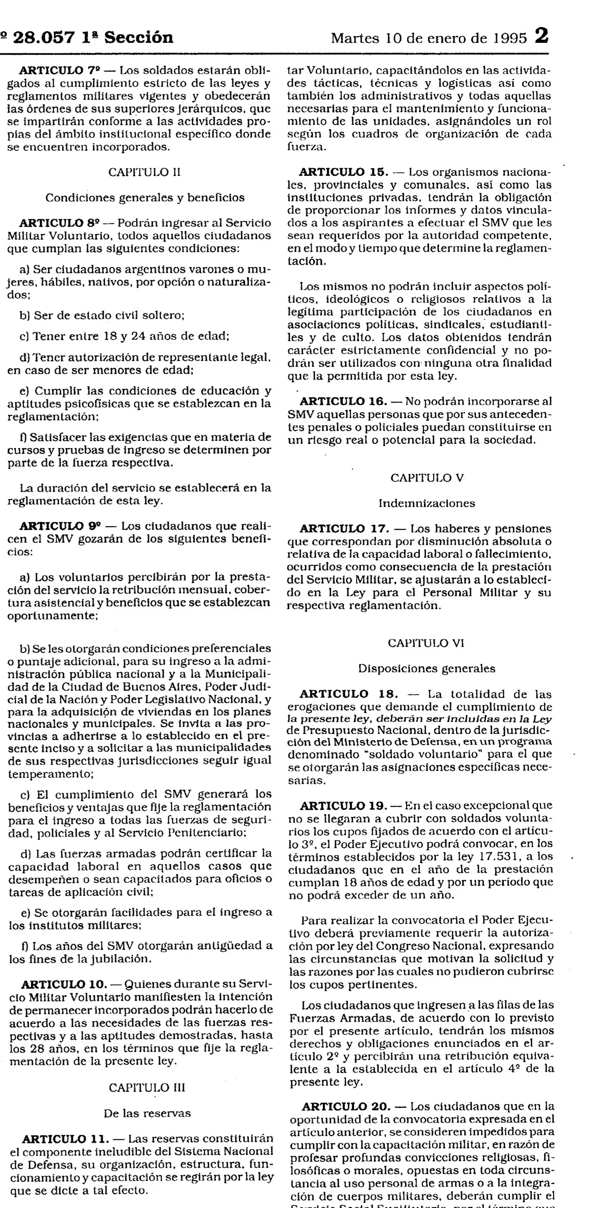 Página del Boletín Oficial con el texto de la Ley 24.429 y el artículo 19.