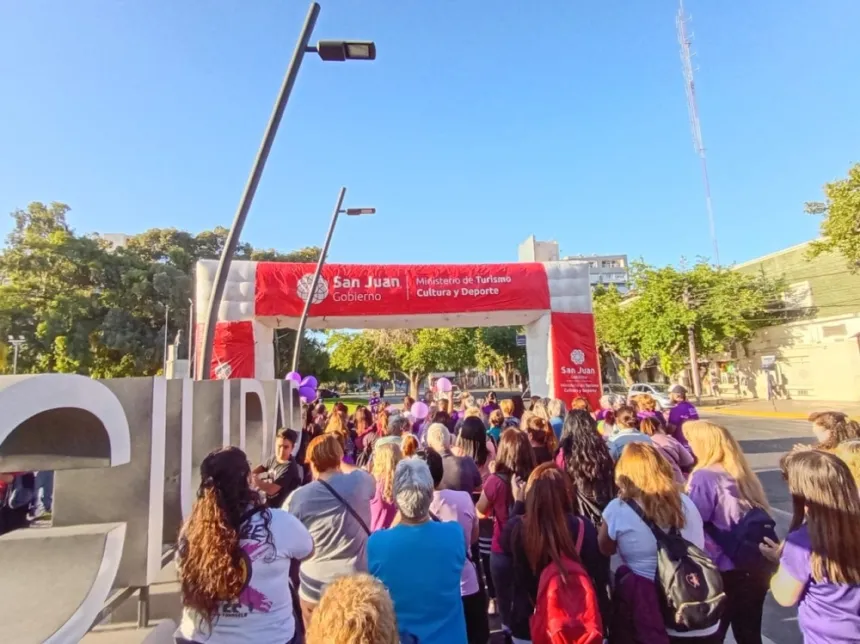 Personas con ropa violeta participan de una caminata bajo un arco del Gobierno de San Juan.