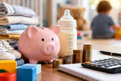 Alcancía, monedas y artículos de bebé junto a una calculadora; un niño aparece de espaldas al fondo.