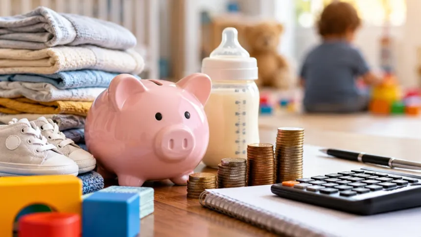 Alcancía, monedas y artículos de bebé junto a una calculadora; un niño aparece de espaldas al fondo.