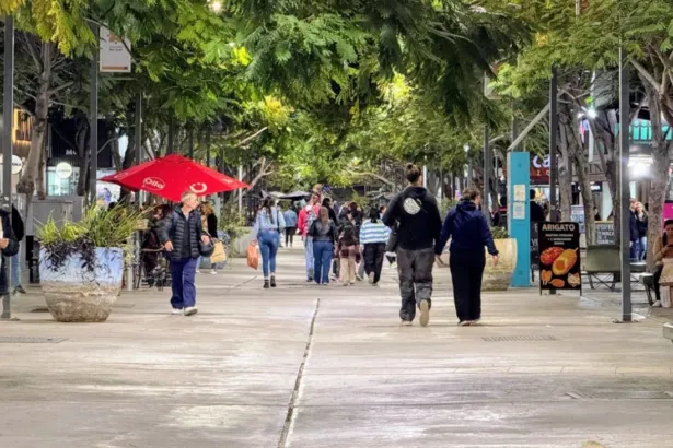 Personas caminan entre comercios en una peatonal arbolada.