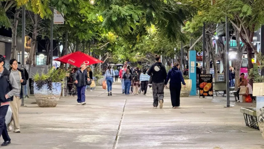 Personas caminan entre comercios en una peatonal arbolada.