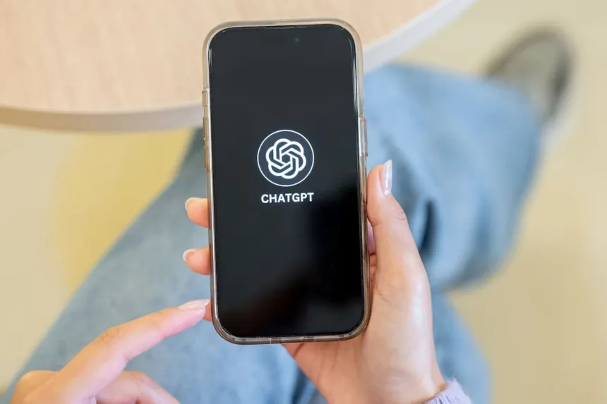 Un teléfono con el logo de ChatGPT en pantalla, sostenido con ambas manos.