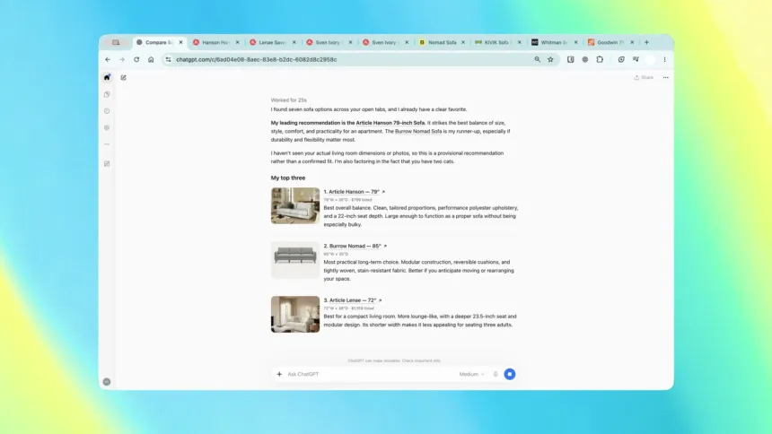 ChatGPT en Chrome compara opciones de sillones abiertas en varias pestañas del navegador.
