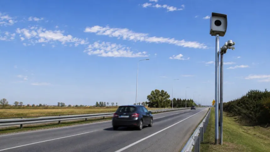 Vehículos circulan por una ruta asfaltada junto a una cámara de control.