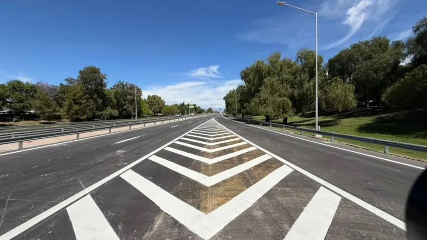 Avenida con demarcación blanca reciente, árboles a los costados y cielo despejado.