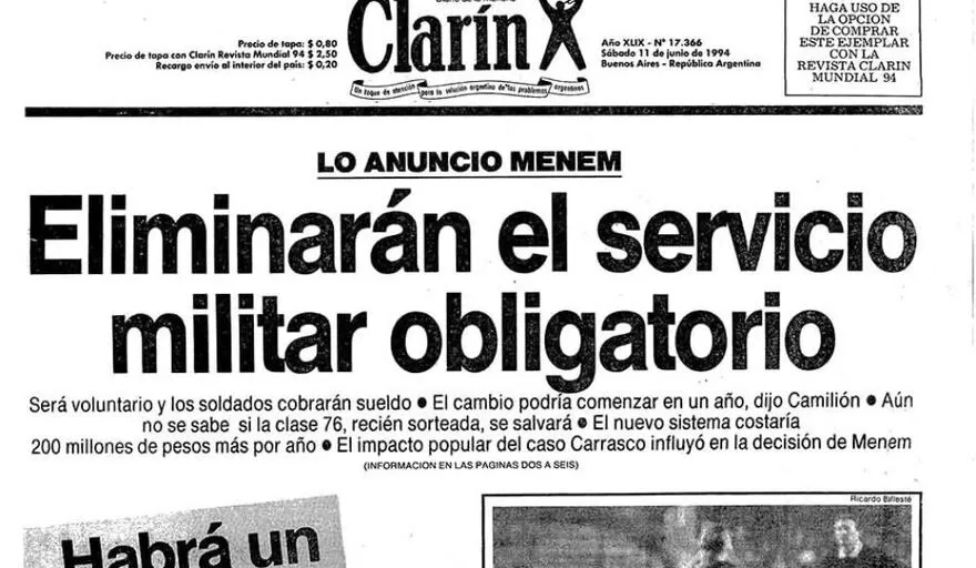 Recorte de la tapa de Clarín con el título «Eliminarán el servicio militar obligatorio».