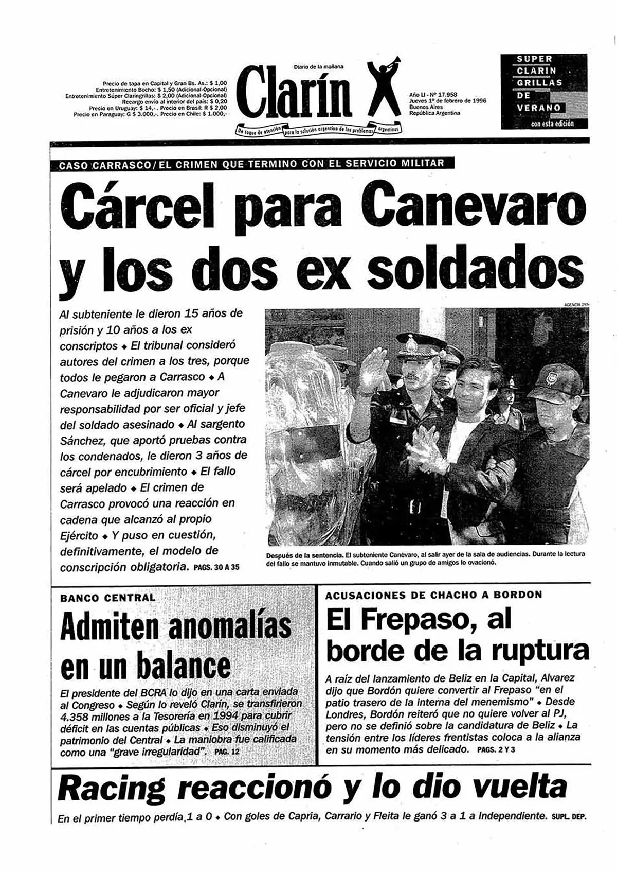Tapa del diario Clarín con el título «Cárcel para Canevaro y los dos ex soldados».