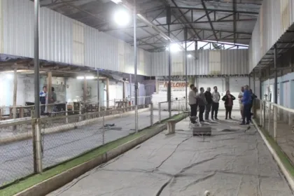 Adultos conversan junto a las canchas de bochas de un club.