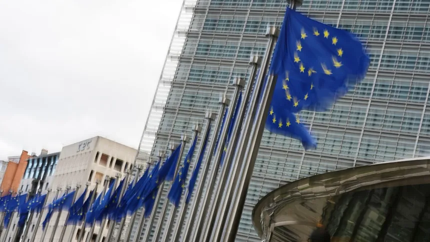 Banderas de la Unión Europea frente a un edificio institucional.