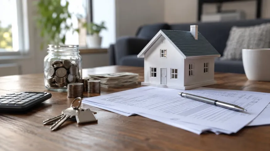 Maqueta de una casa junto a llaves, monedas, una calculadora y documentos de compraventa.