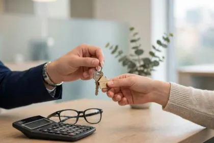 Dos manos intercambian una llave de casa junto a una calculadora.