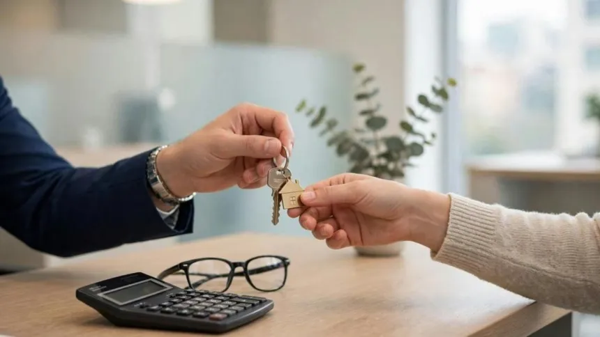 Dos manos intercambian una llave de casa junto a una calculadora.