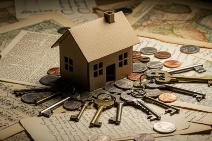 Maqueta de una casa junto a llaves, monedas y documentos.