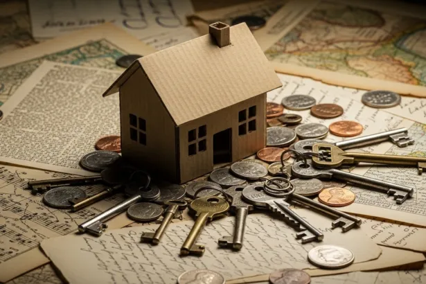 Maqueta de una casa junto a llaves, monedas y documentos.
