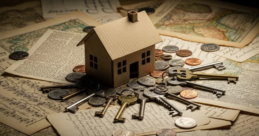 Maqueta de una casa junto a llaves, monedas y documentos.