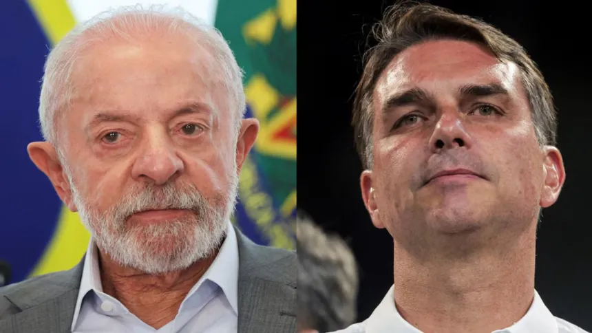Retratos de Lula y Flávio Bolsonaro uno junto al otro