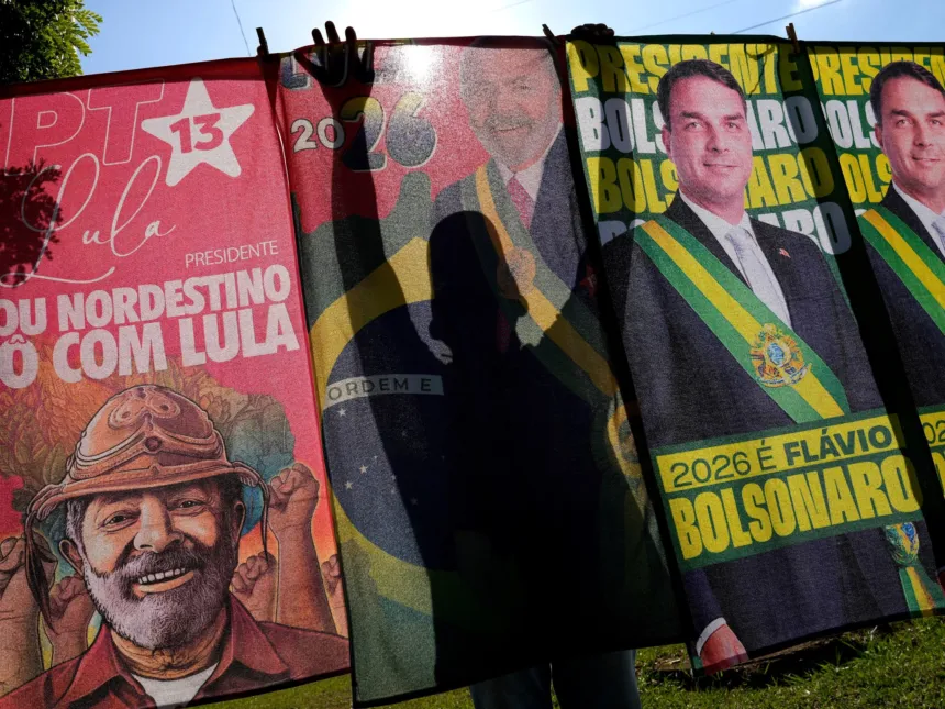 Carteles de campaña de Lula da Silva y Flávio Bolsonaro.