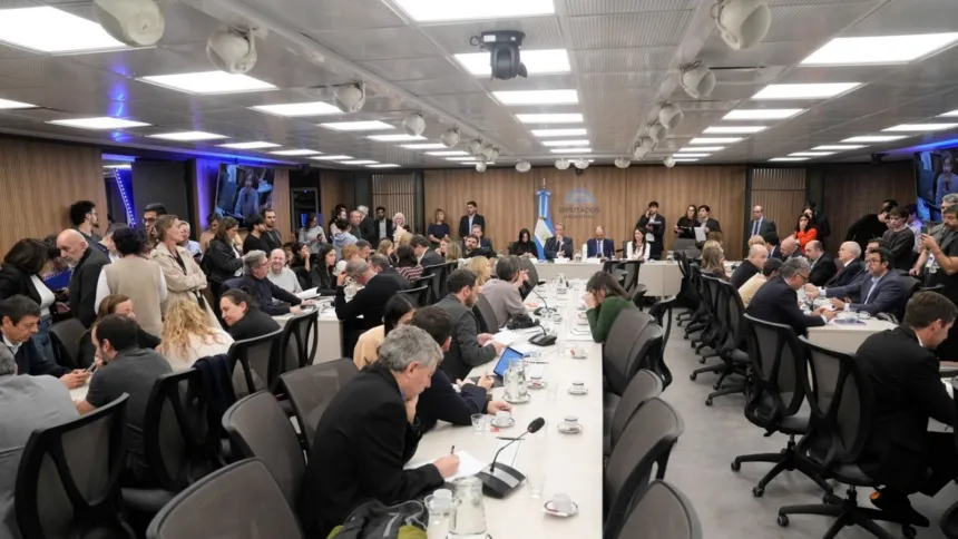 Diputados participan de una reunión de comisión en una sala del Congreso.
