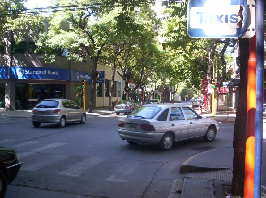 Una esquina arbolada del centro de la ciudad de San Juan, con una reja de desagüe junto al cordón.