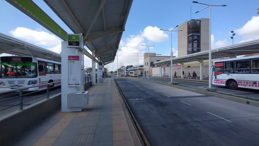 Colectivos estacionados en los andenes cubiertos de una terminal de ómnibus.