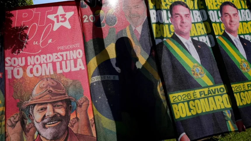 Remeras de campaña de Lula da Silva y Flávio Bolsonaro expuestas juntas.