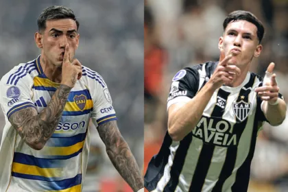 Dos jugadores adultos, uno de Boca Juniors y otro de Atlético Mineiro, con sus camisetas.