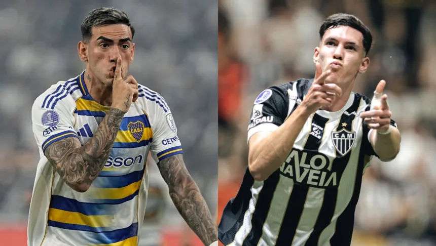 Dos jugadores adultos, uno de Boca Juniors y otro de Atlético Mineiro, con sus camisetas.