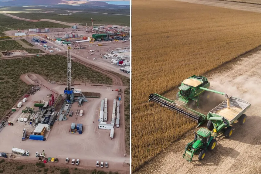 Una cosechadora trabaja en un campo junto a una instalación industrial en una zona árida.