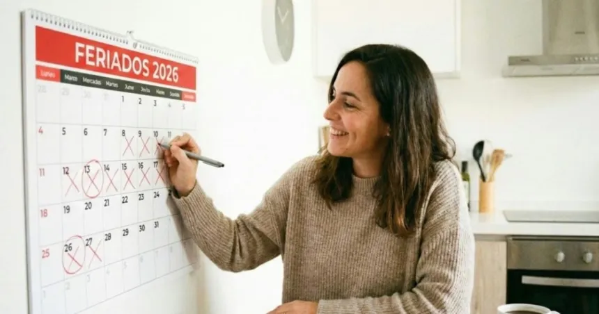 Una mujer marca fechas en un calendario de feriados de 2026.