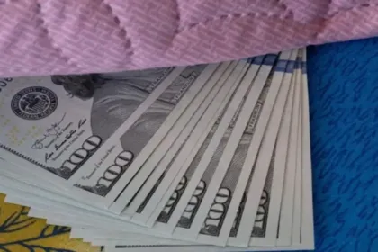 Varios billetes de 100 dólares dispuestos en abanico sobre una tela.