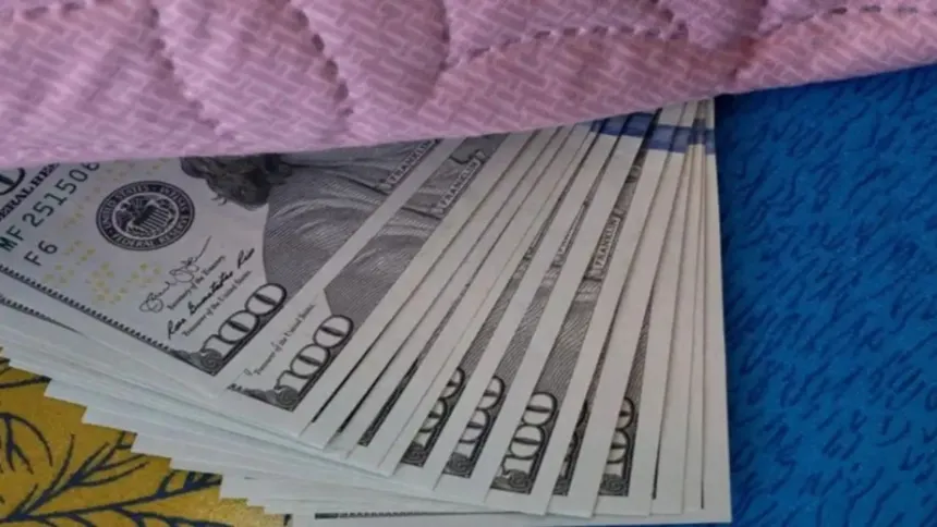 Varios billetes de 100 dólares dispuestos en abanico sobre una tela.