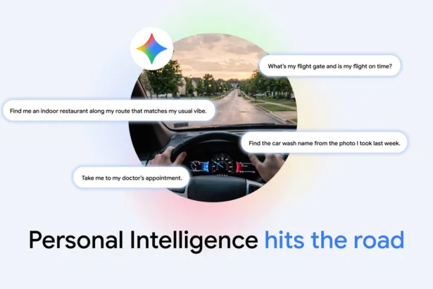 Una persona conduce mientras Gemini muestra consultas de voz para Android Auto.