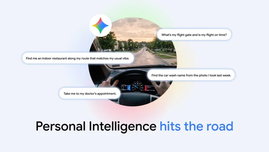 Una persona conduce mientras Gemini muestra consultas de voz para Android Auto.