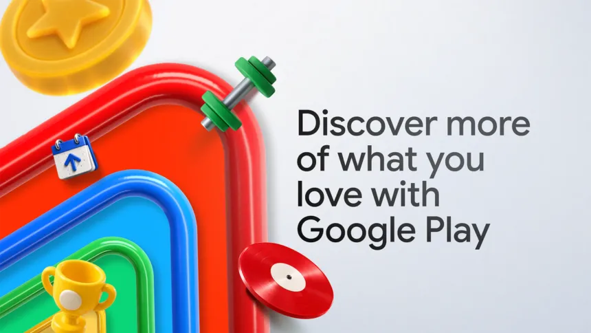 Gráfica de Google Play con objetos coloridos y un mensaje promocional.