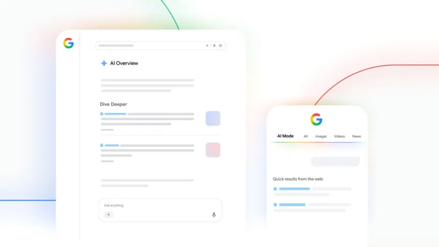 Interfaces de AI Overview y Modo IA de Google en computadora y teléfono.