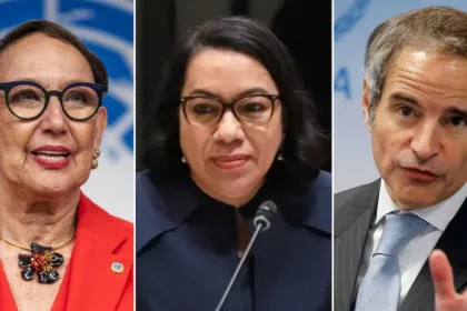 Retratos de tres adultos candidatos a suceder al secretario general de la ONU.
