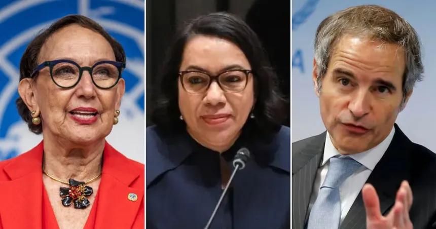 Retratos de tres adultos candidatos a suceder al secretario general de la ONU.
